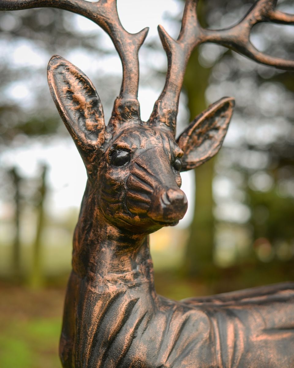 "Ash" the Cast Aluminium Observant Stag Garden Sculpture close up of head