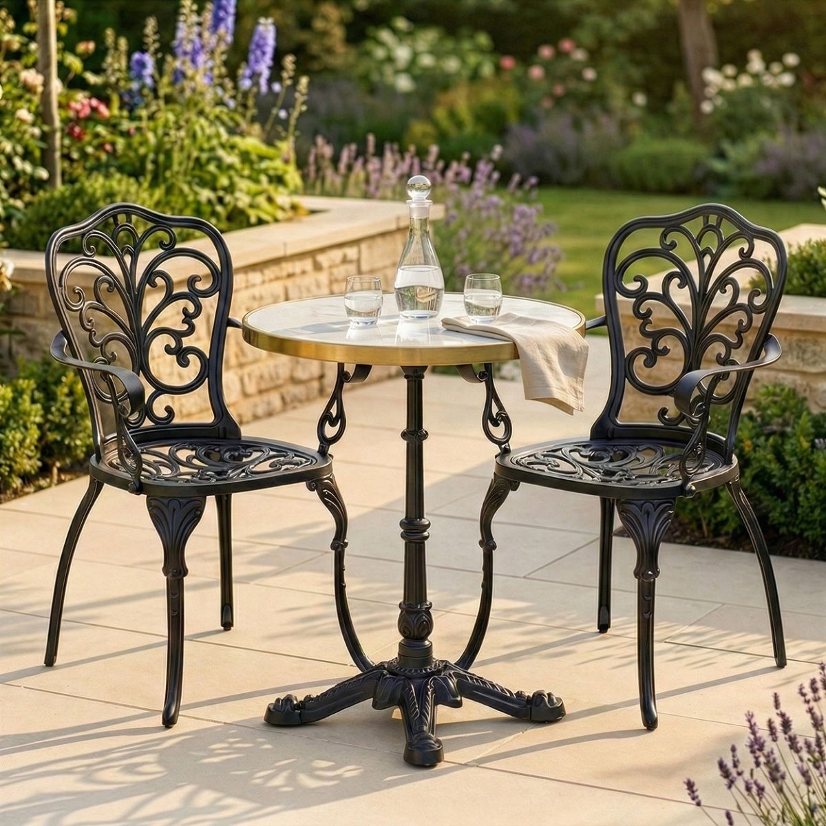 "Ashwell" Classic Black Two Seater Table and Chairs Set digital illustration dressed table