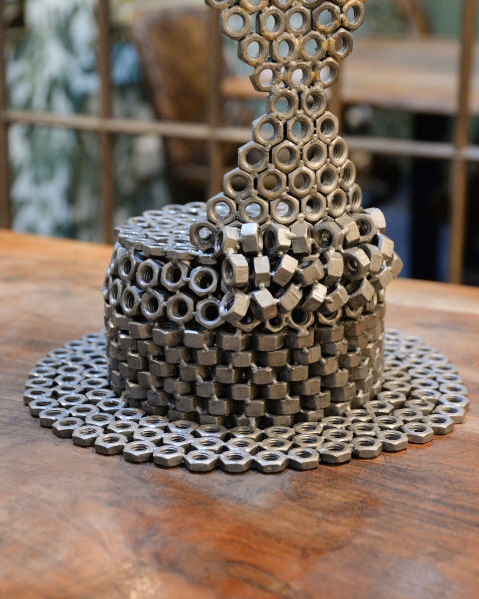 "Aura" Female Torso Sculpture Reclaimed Metal -78cm close up of base shaped like a hat