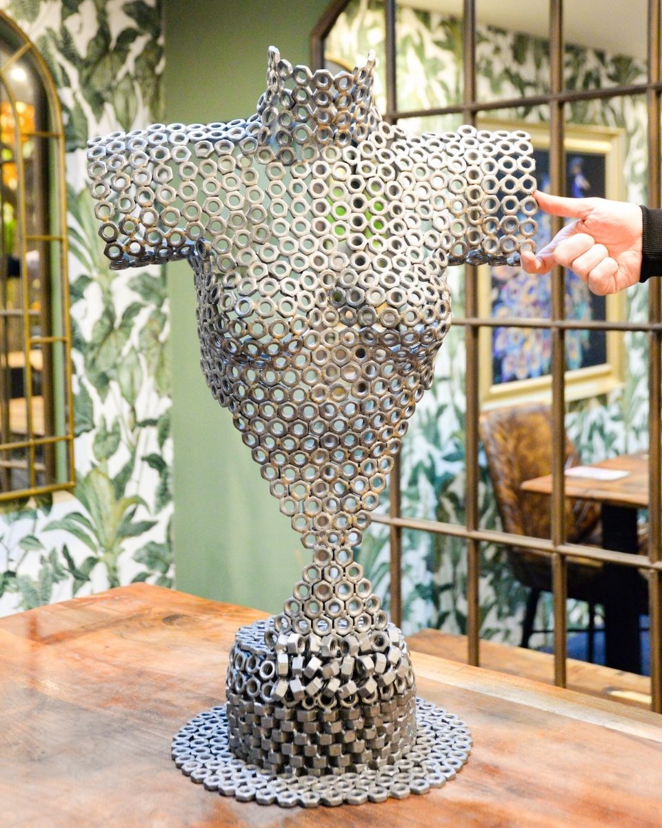 "Aura" Female Torso Sculpture Reclaimed Metal -78cm with hand in shot for scale