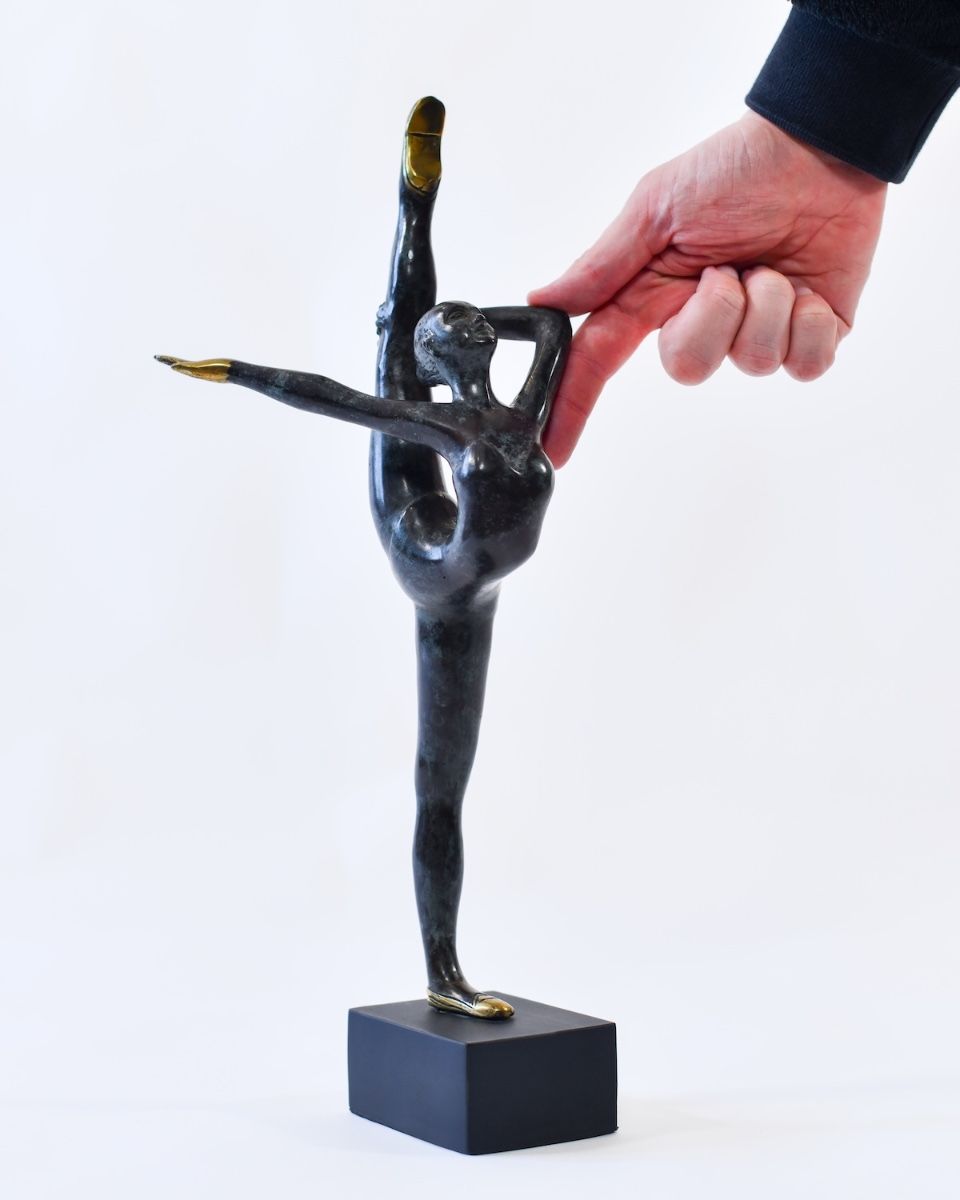 "Aurelian Arabesque" Cast Brass Dancer Sculpture with hand in shot for scale