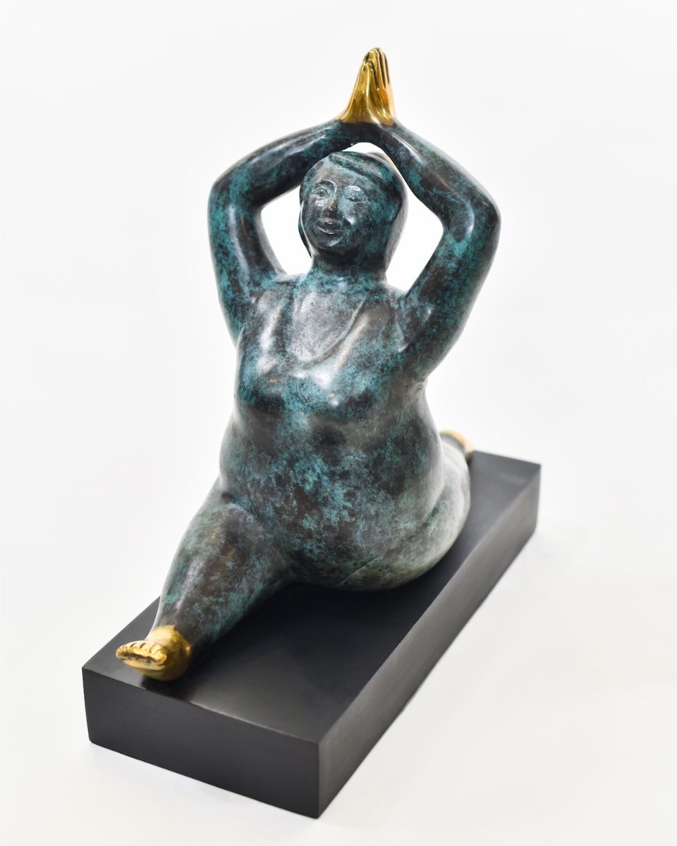 "Azure Asana" Female Yoga Sculpture in Cast Brass front angle