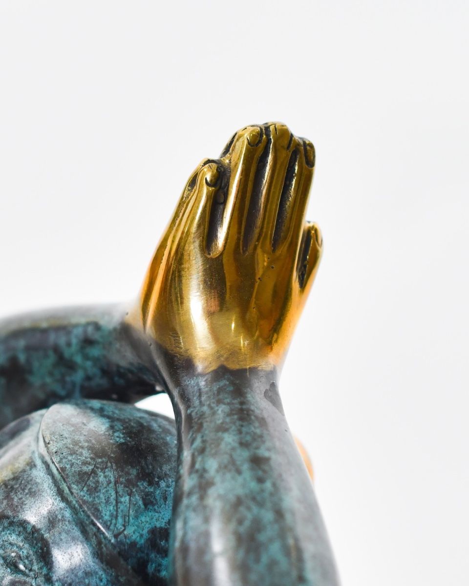 "Azure Asana" Female Yoga Sculpture in Cast Brass close up of hands