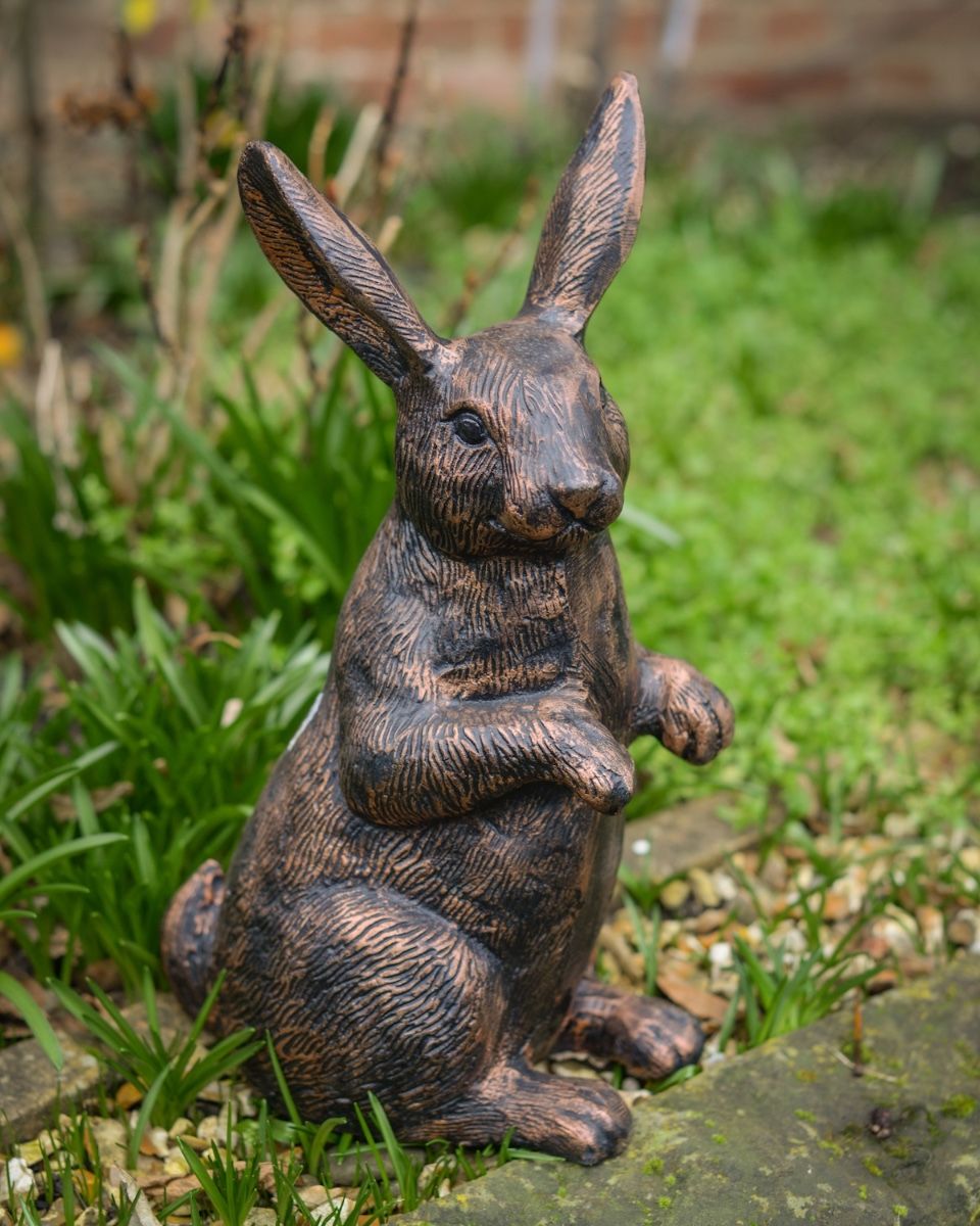 "Barnaby" the Rabbit Cast Aluminium Garden Sculpture angled view of rabbit