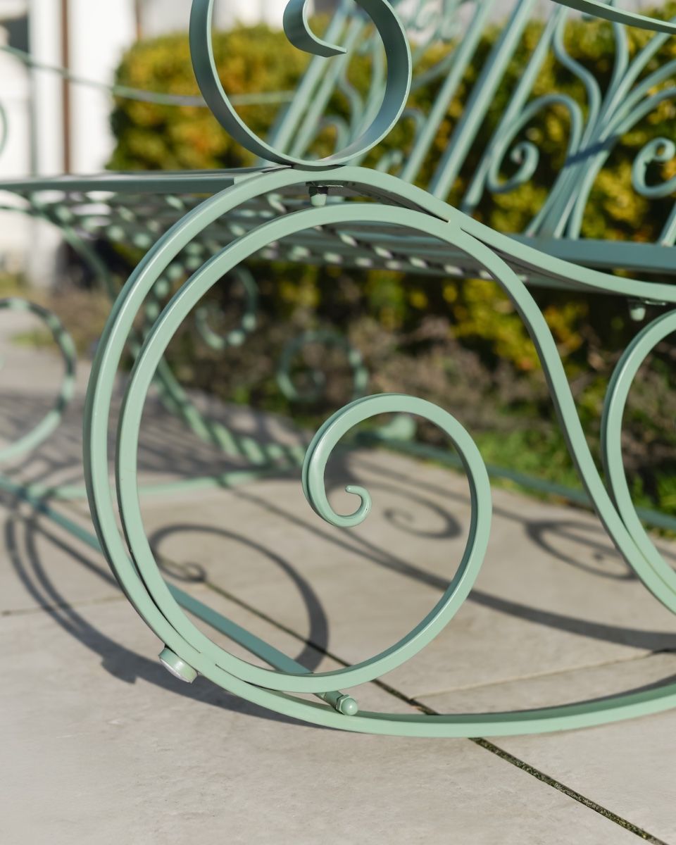 "Belvedere" Garden Rocking Bench Wrought Iron - Sage close up of rocker