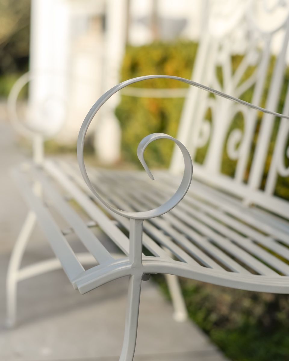 "Belvedere" Wrought Iron Garden Bench - Cream close up of arm rest