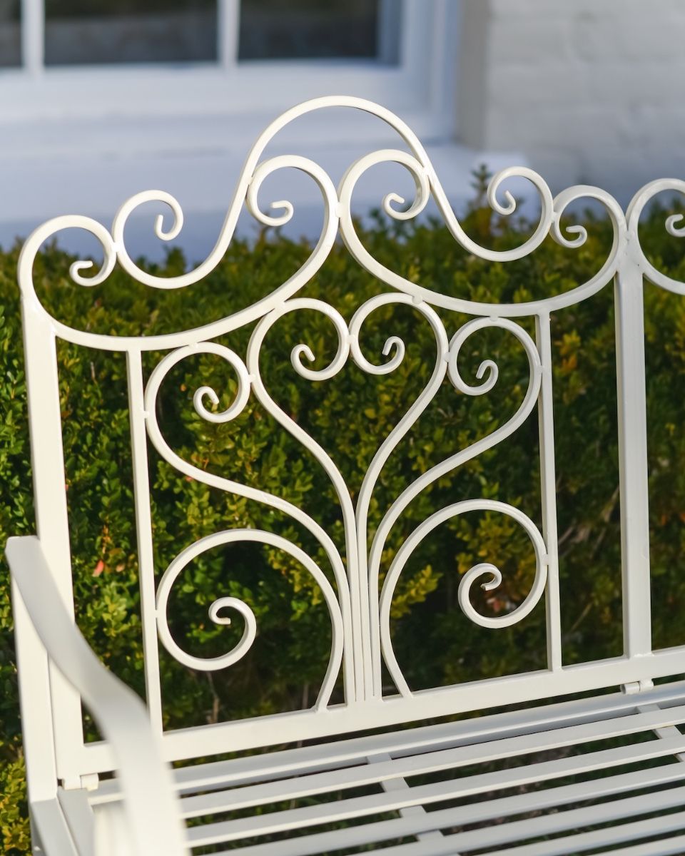"Belvedere" Wrought Iron Garden Bench - Cream close up of backrest