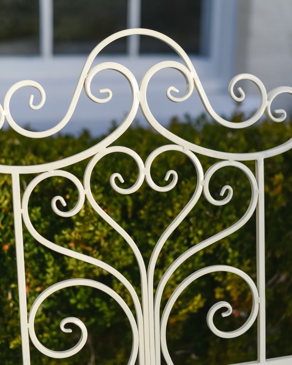 "Belvedere" Wrought Iron Garden Bench - Cream close up of detailing on backrest