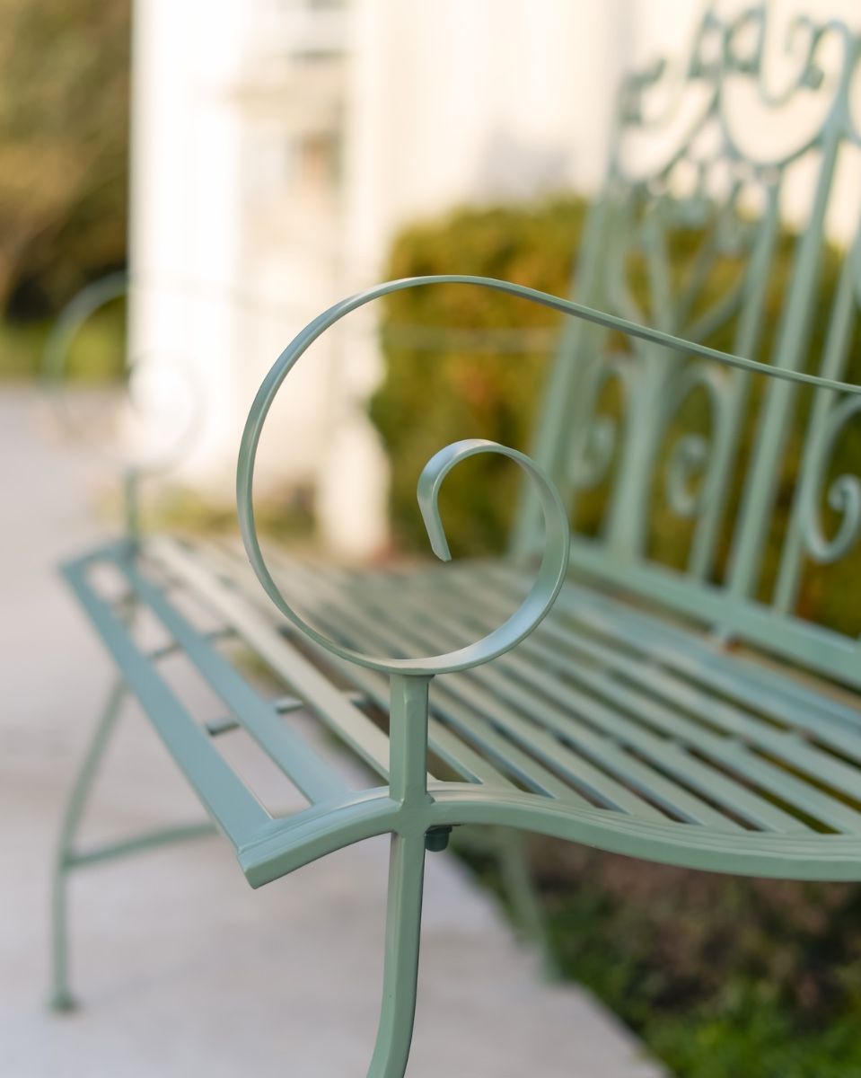 "Belvedere" Wrought Iron Garden Bench close up of arm rest