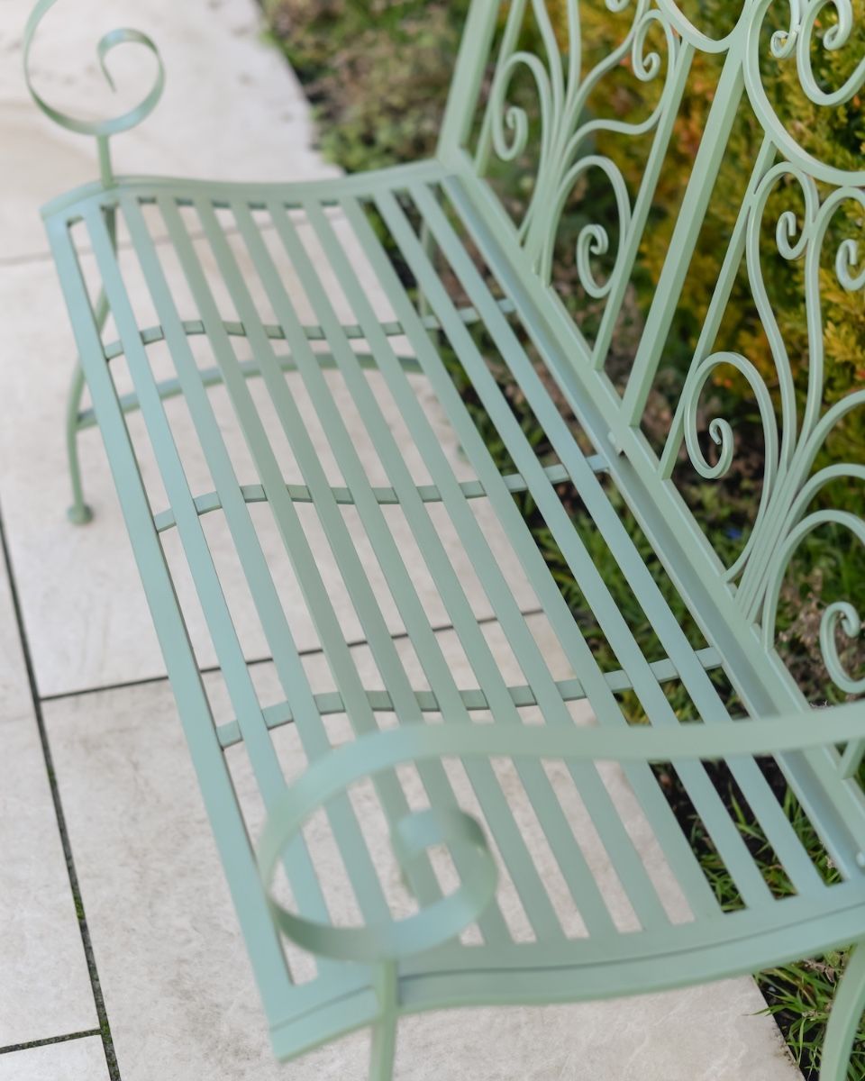 "Belvedere" Wrought Iron Garden Bench close up of seat