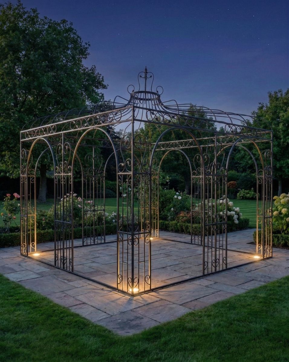 "Benvelia’s Gateway" Gazebo at night with lights ai