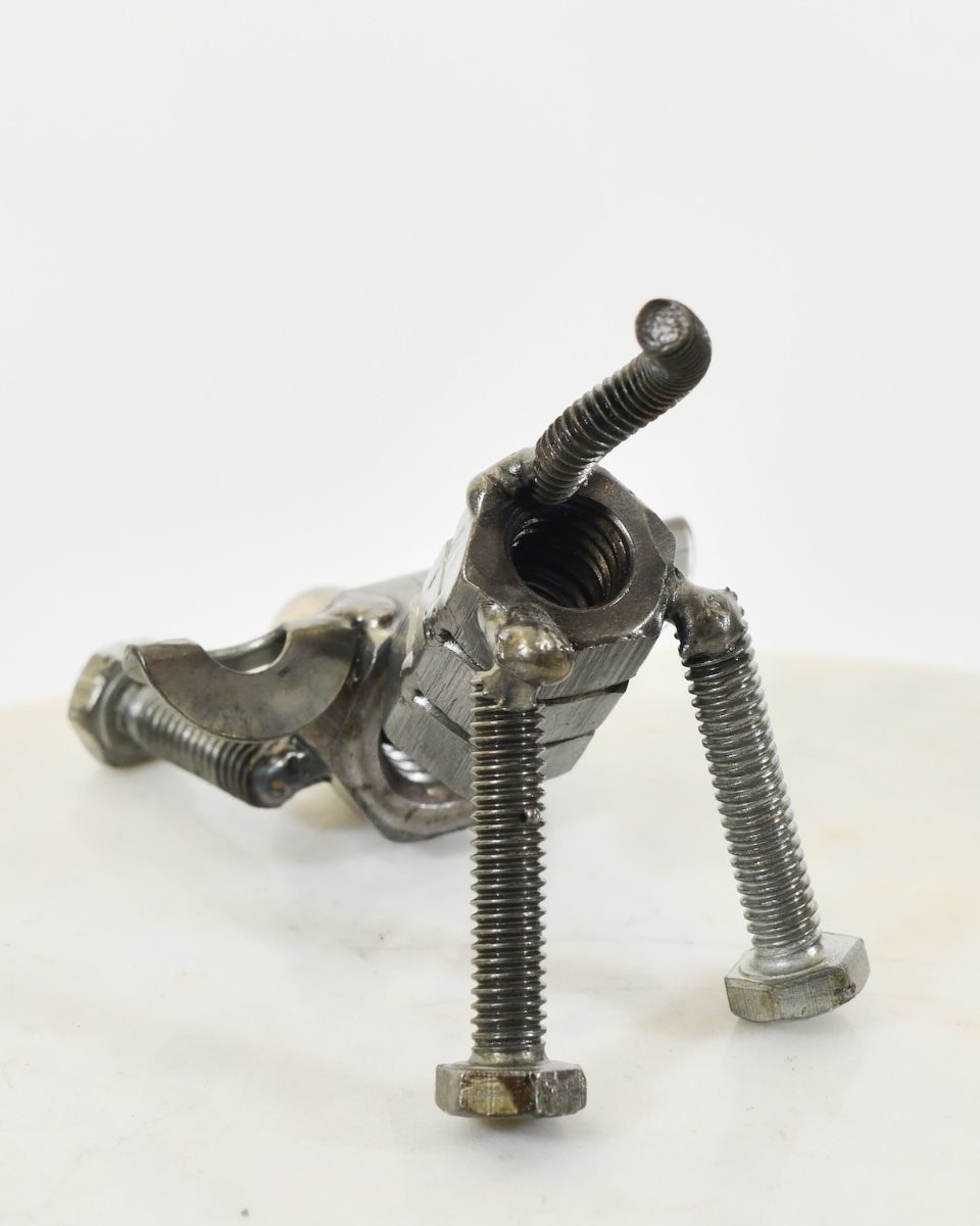 "Bolt" Stretching Puppy UpCycled Home Ornament view of rear of sculpture