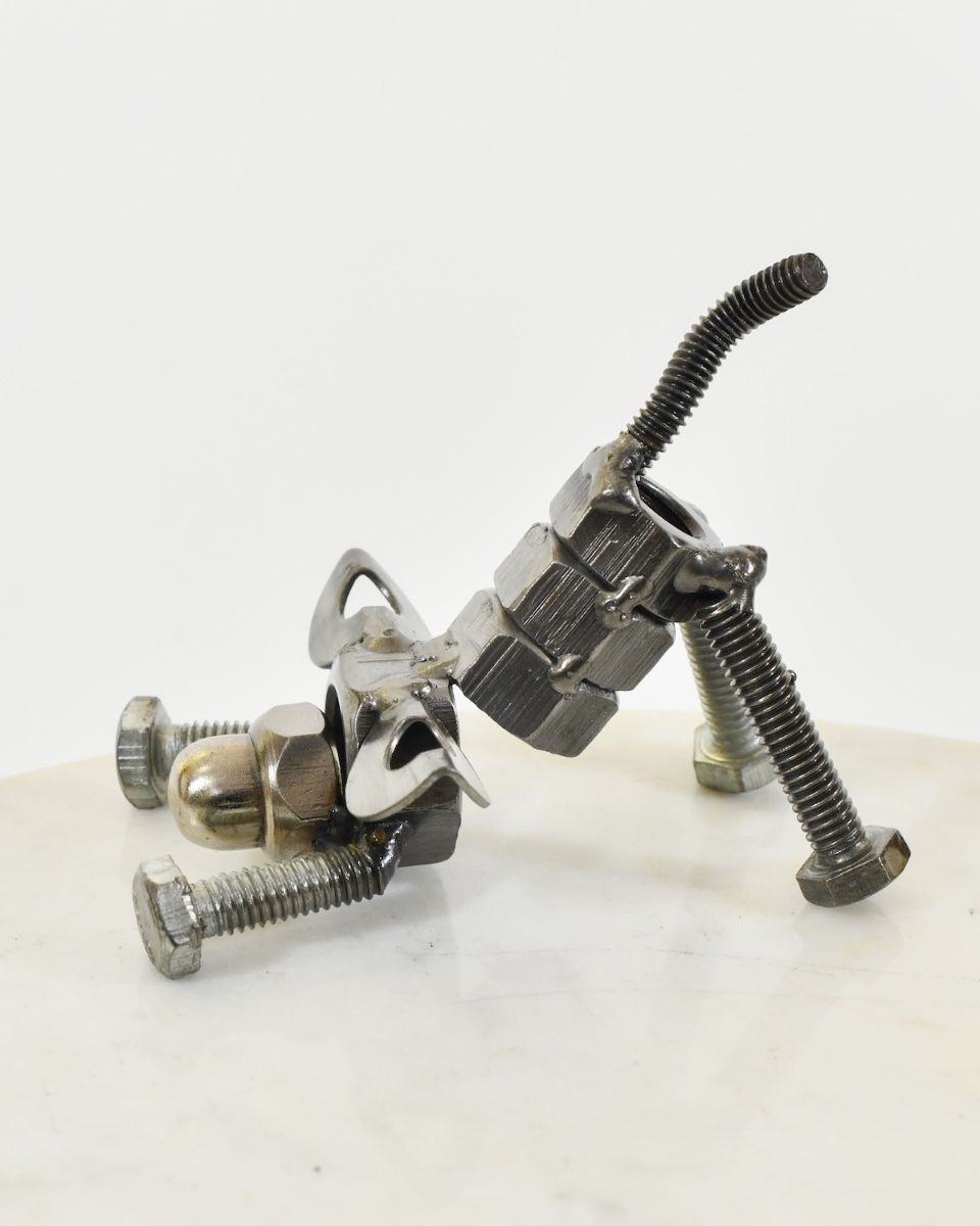 "Bolt" Stretching Puppy UpCycled Home Ornament view form side