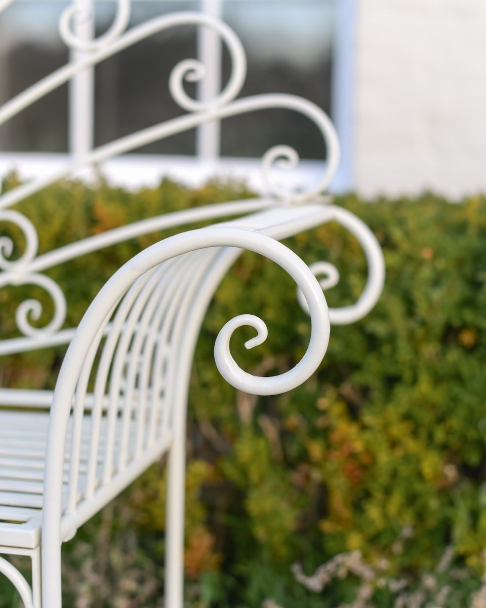 ‘Bordeaux" Wrought Iron Garden Bench - Cream close up of arm rest