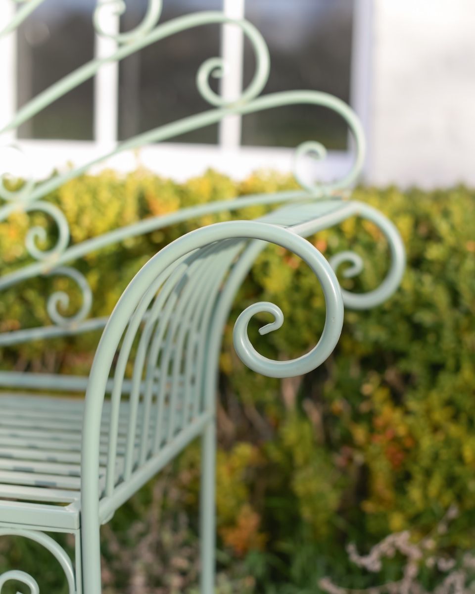 ‘Bordeaux" Wrought Iron Garden Bench - Sage close up of arm rest