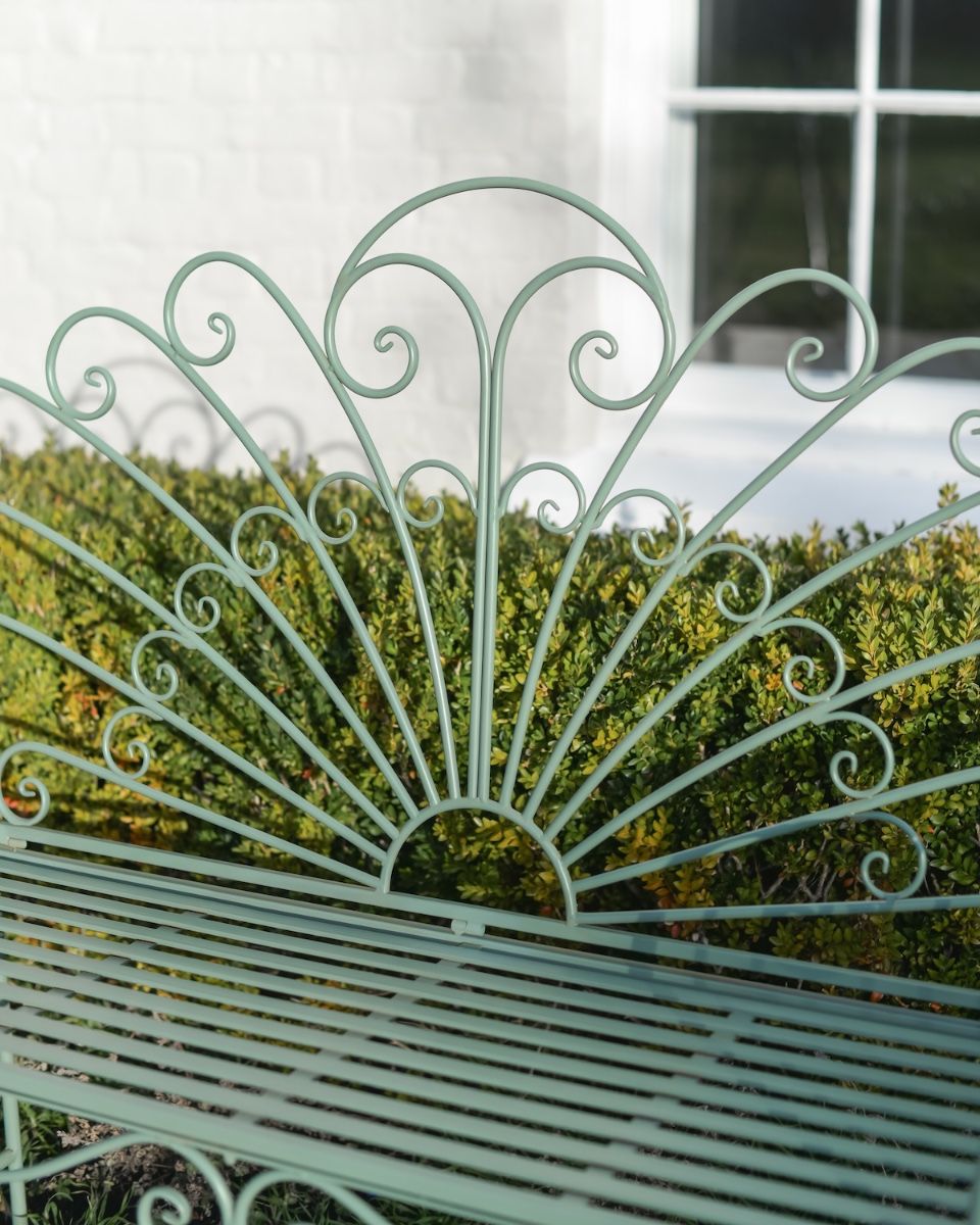 ‘Bordeaux" Wrought Iron Garden Bench - Sage close up of back rest