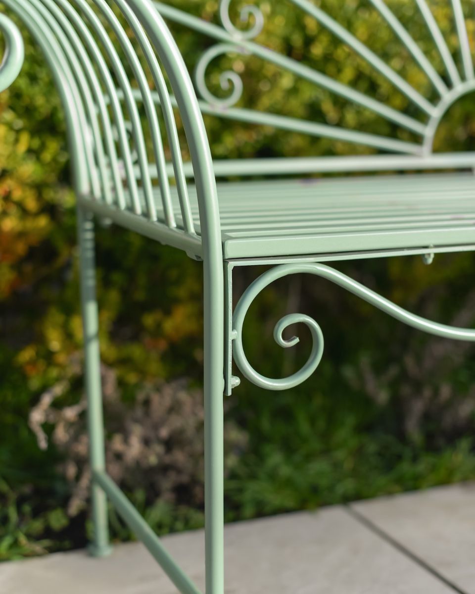 ‘Bordeaux" Wrought Iron Garden Bench - Sage close up of bench leg