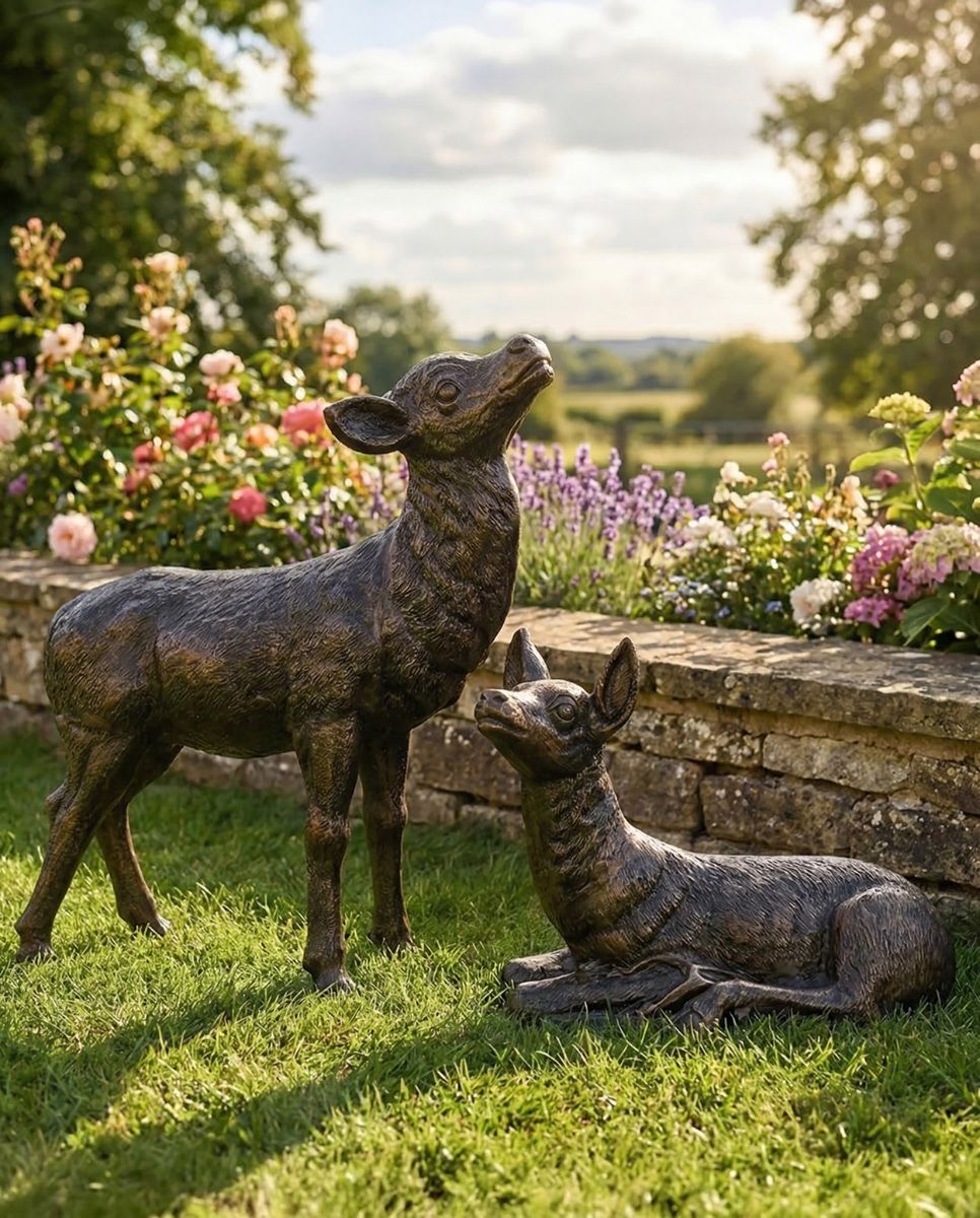 "Bramble" and "Juniper" Doe and Fawn Garden Sculpture Set digital illustration