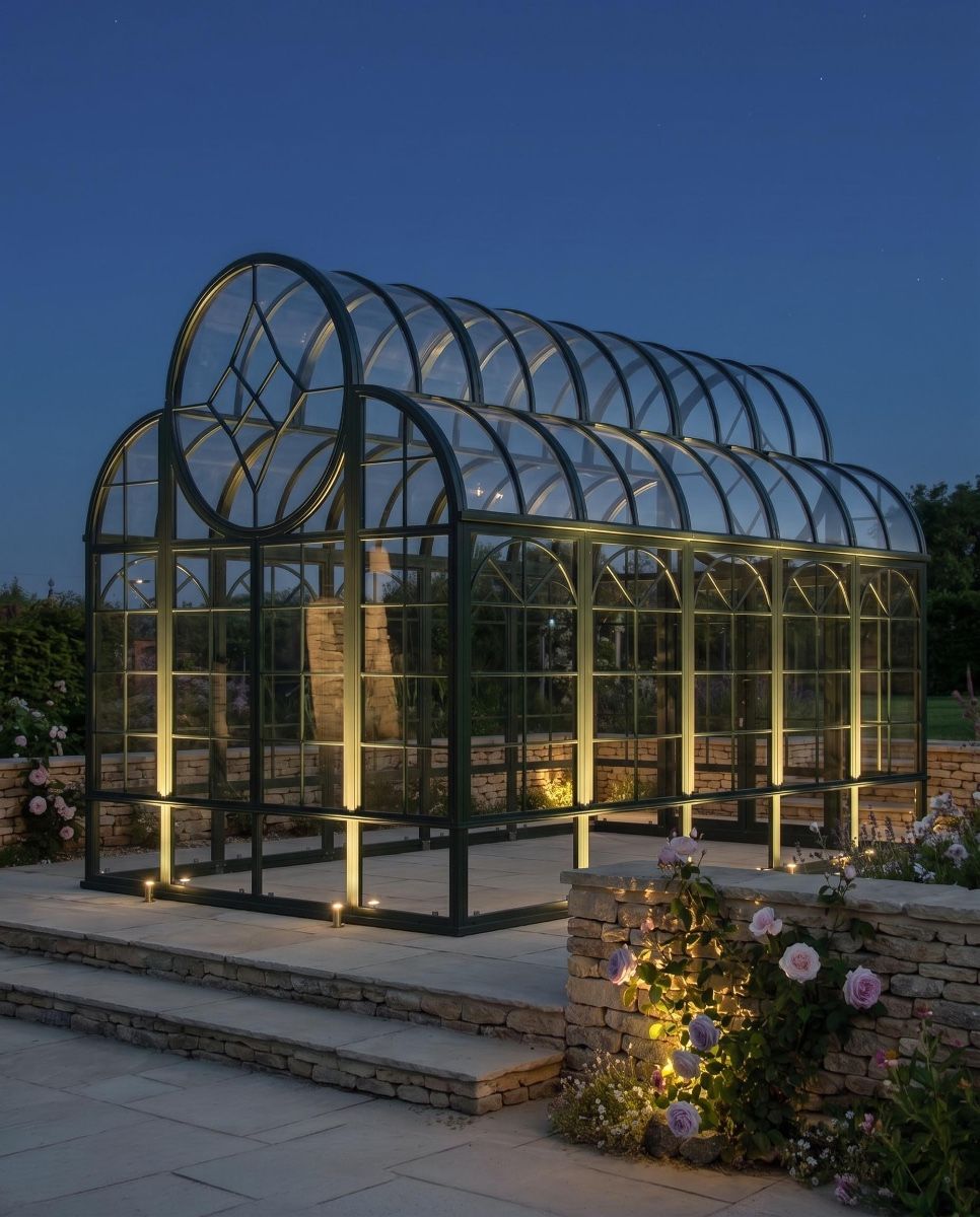 "Broagh Hall" Large Greenhouse Style Garden Gazebo Digital Illustration At night