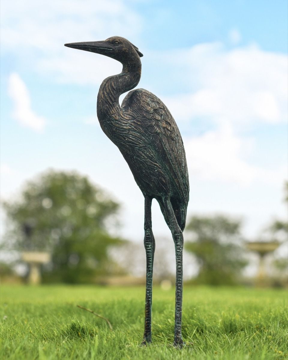 "Caspian" the Heron Cast Aluminium Garden Sculpture on a Garden lawn