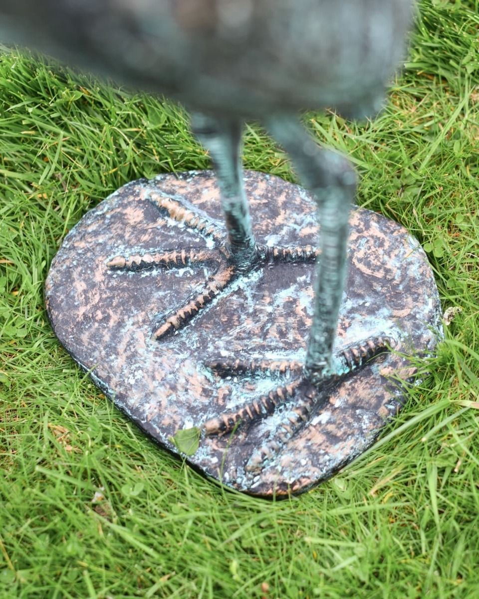 "Caspian" the Heron Cast Aluminium Garden Sculpture on a Garden Lawn Close up of the Base