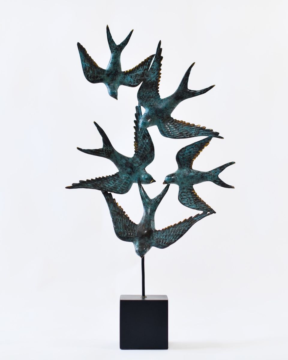 "Celestial Migration" Cast Brass Bird Sculpture front facing view