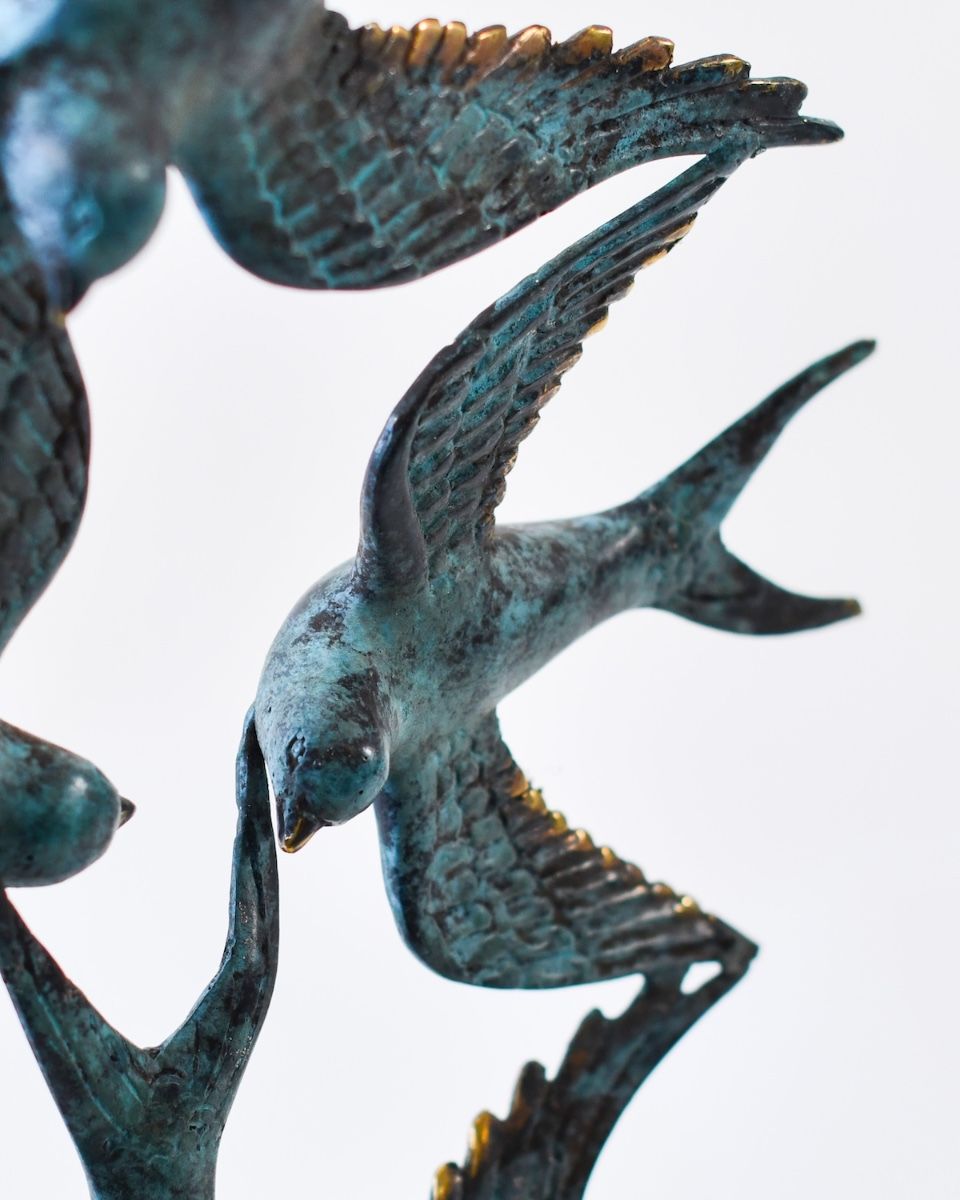 "Celestial Migration" Cast Brass Bird Sculpture close up of bird