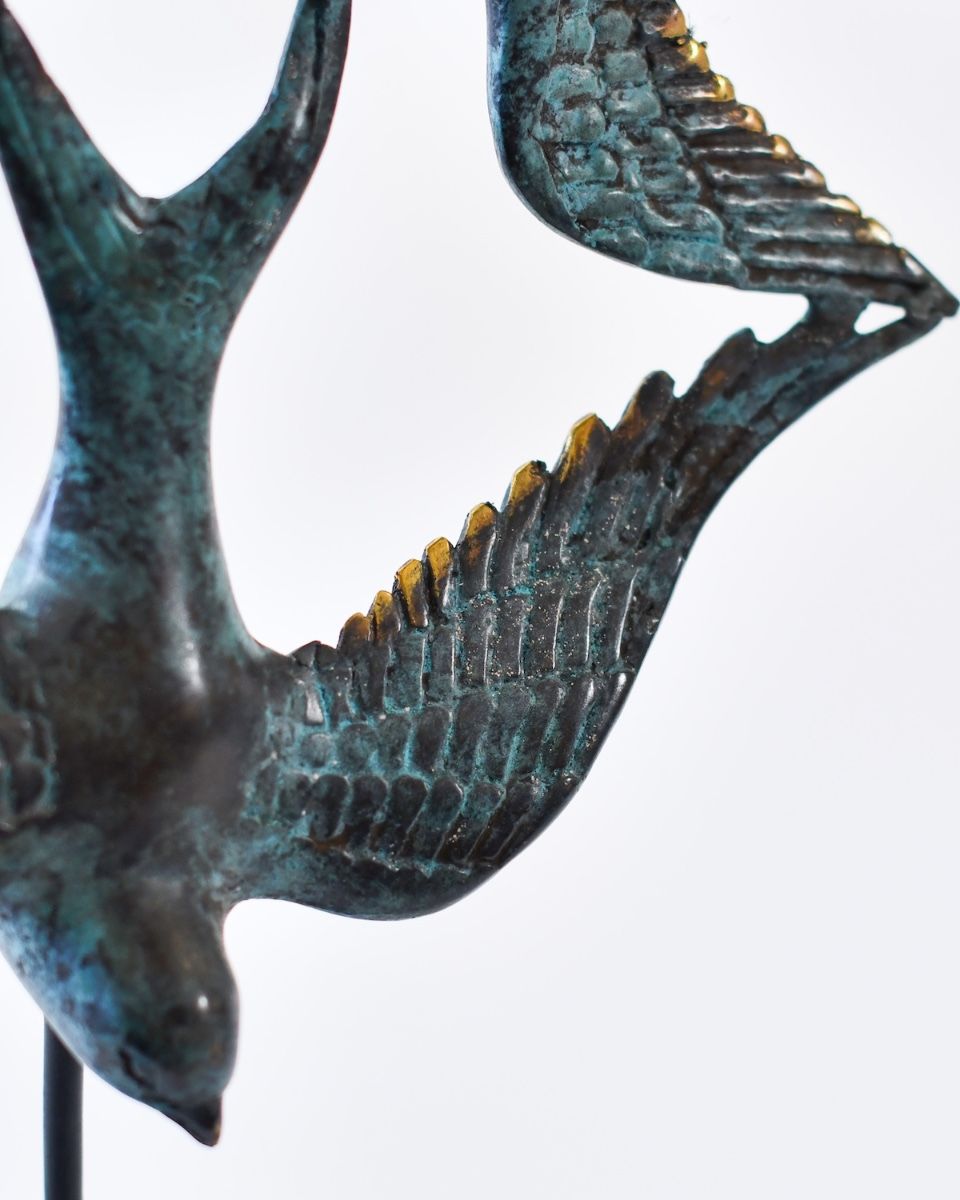 "Celestial Migration" Cast Brass Bird Sculpture close up of feathers on wings