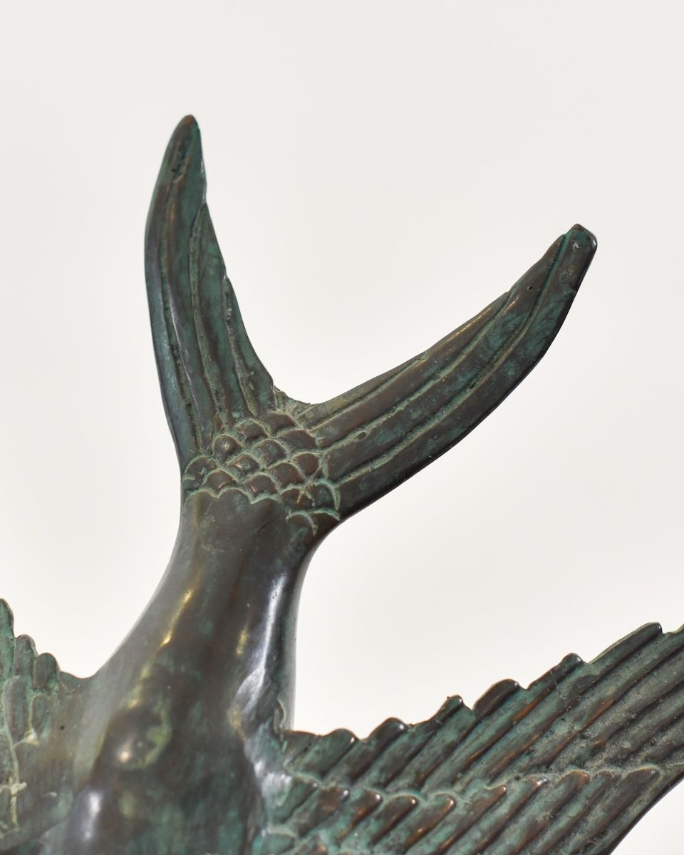 "Celestial Soloist" Cast Brass Bird Ornament close up of tail