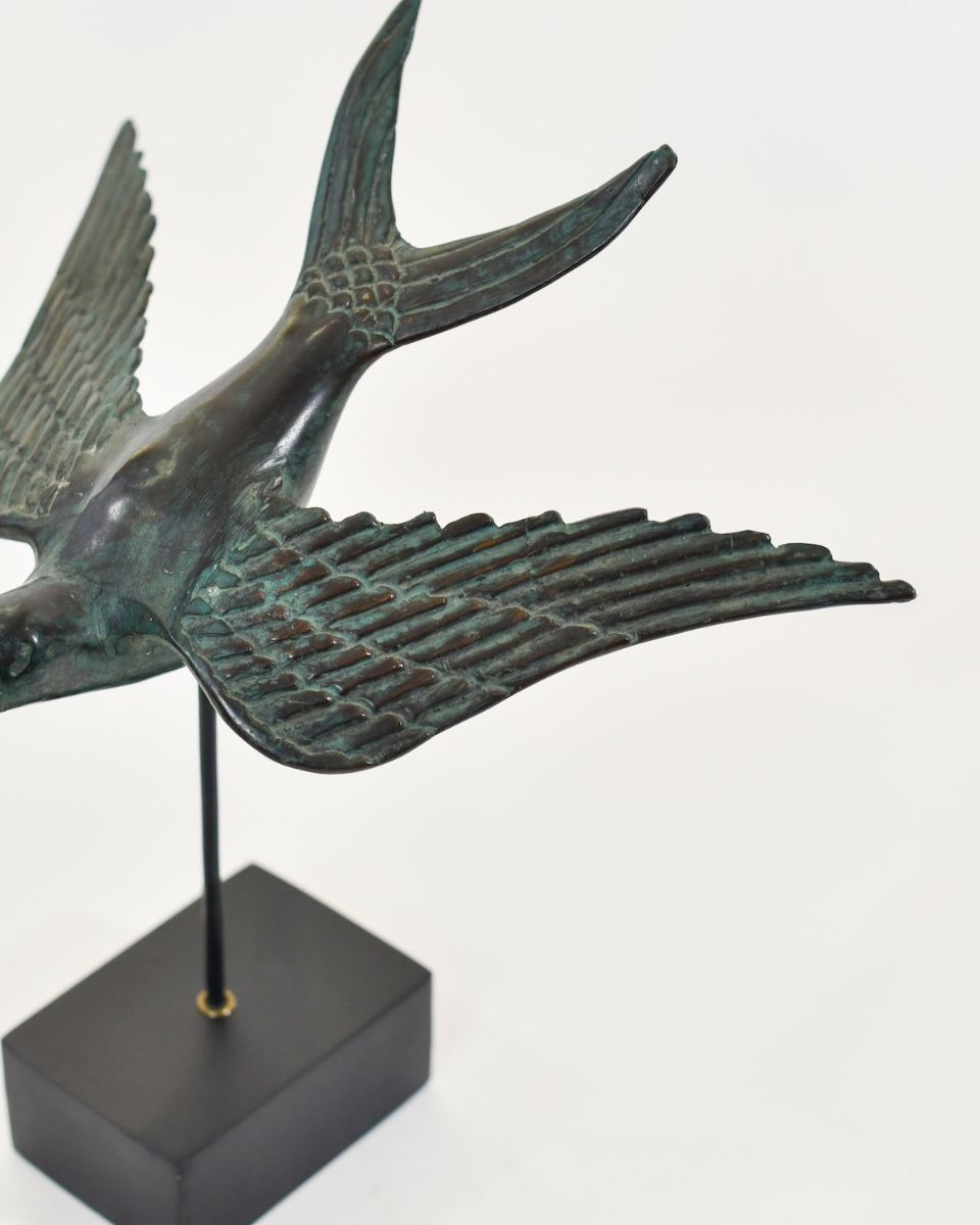 "Celestial Soloist" Cast Brass Bird Ornament close up of wing