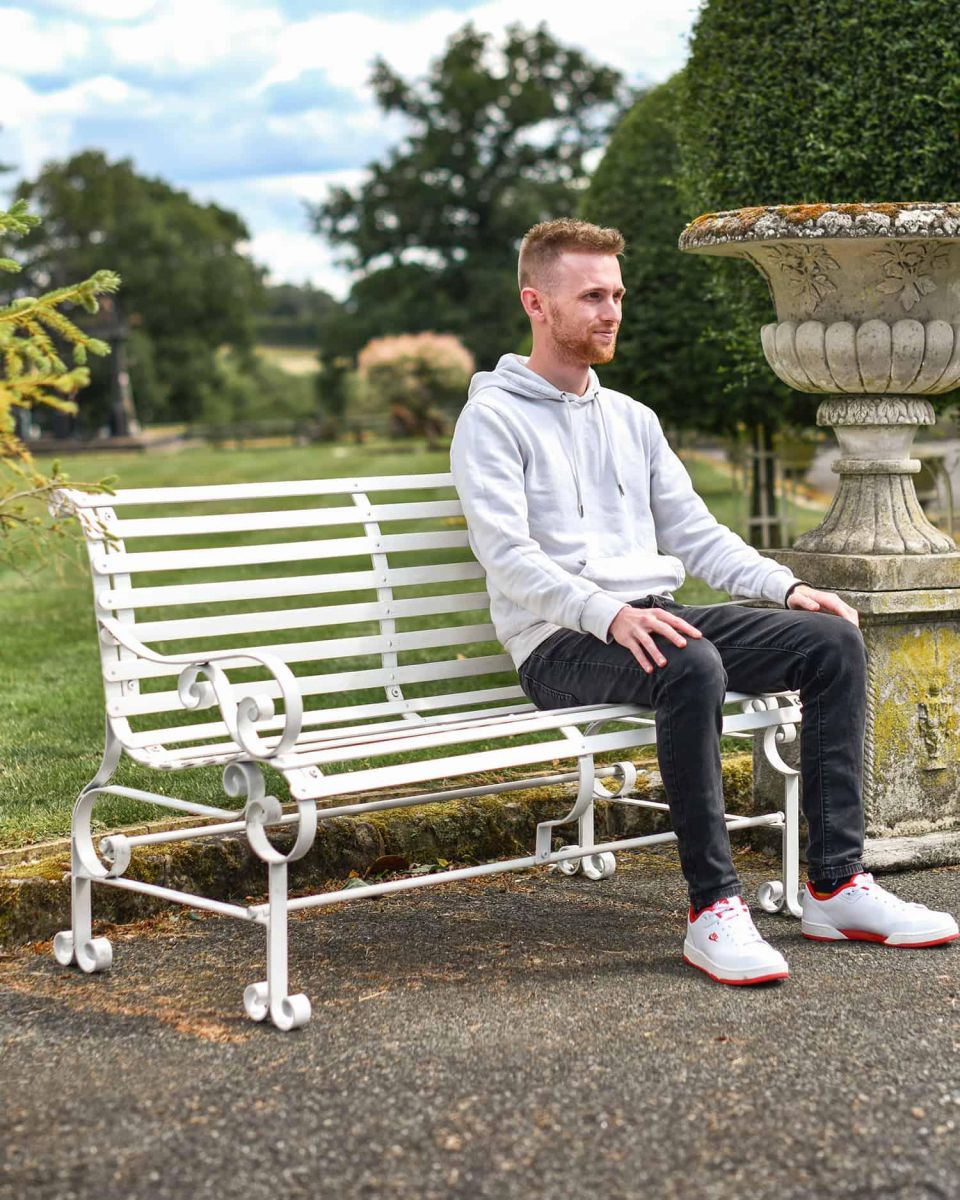 Scale Shot of Cream “Chatham" Two Seater Park Bench