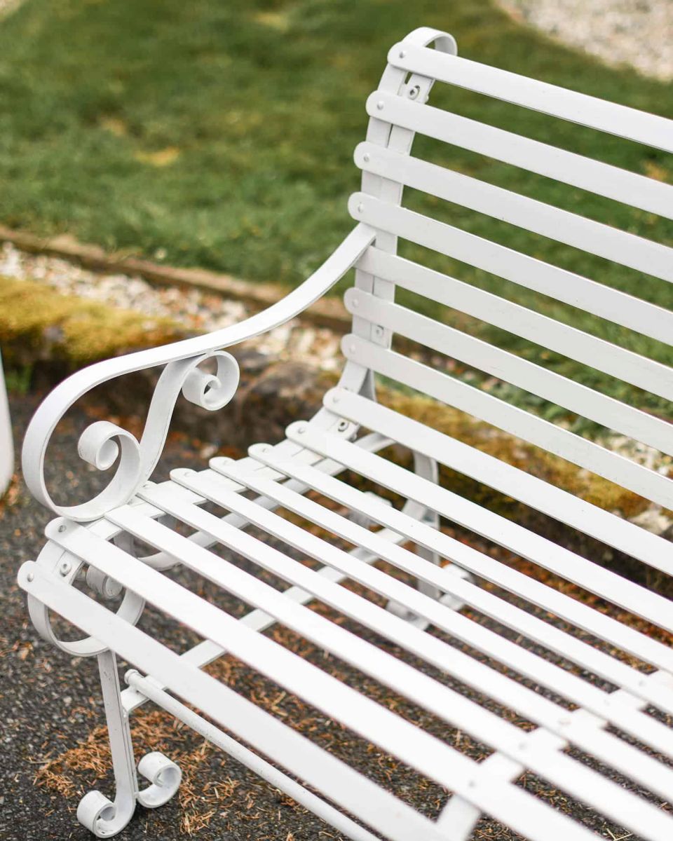 Close-Up of Cream “Chatham" Two Seater Park Bench