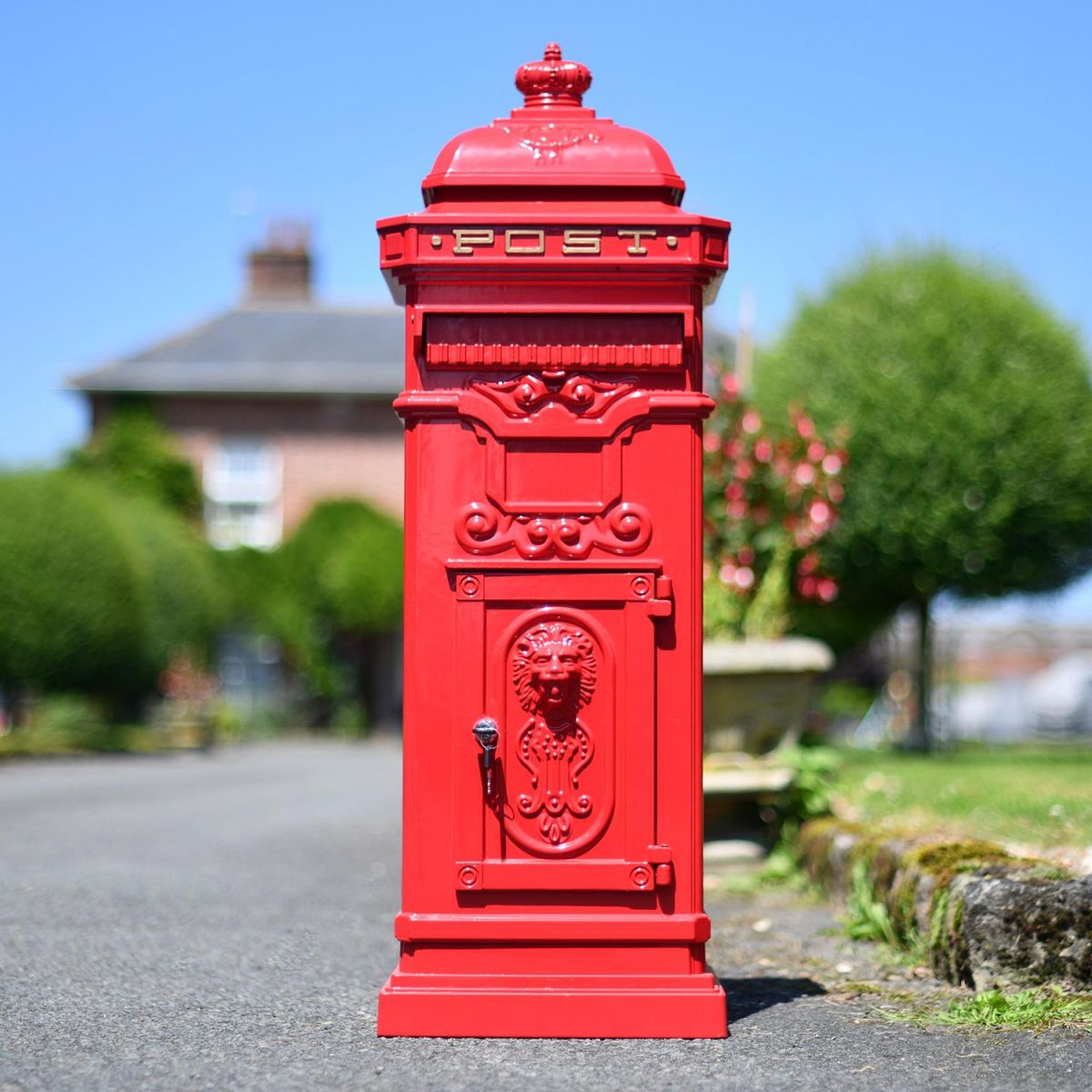 View of the Front of the “Cherrywood Blush” Deluxe Red Camden Free Standing Post Box View of the Front of the “Cherrywood Blush” Deluxe Red Camden Free Standing Post Box