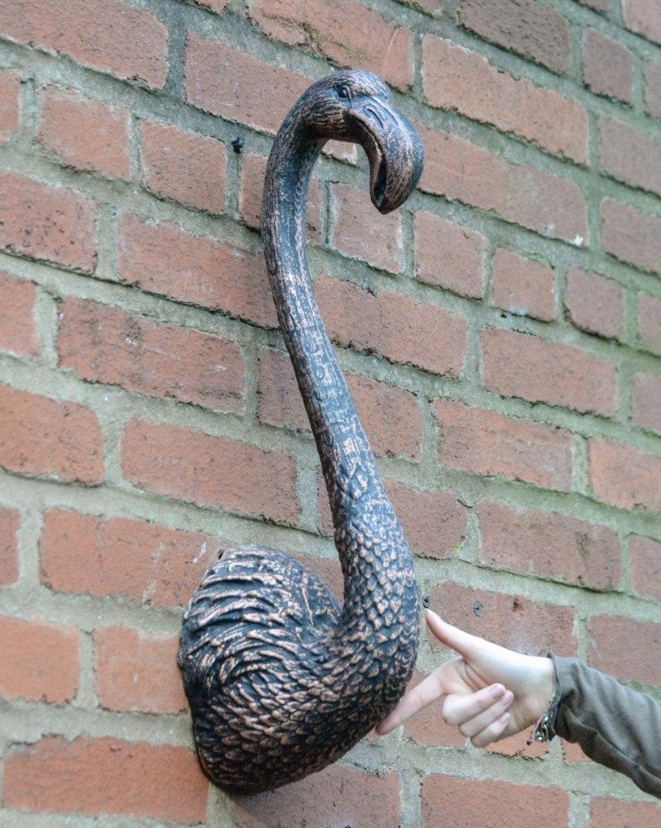 "Coral" Flamingo Wall Art in Cast Aluminium - Bronze & Copper to scale with hand in shot