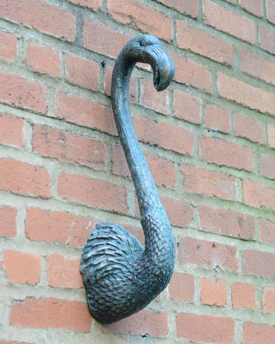 "Coral" Flamingo Wall Art in Cast aluminium - Verdigris on brick wall