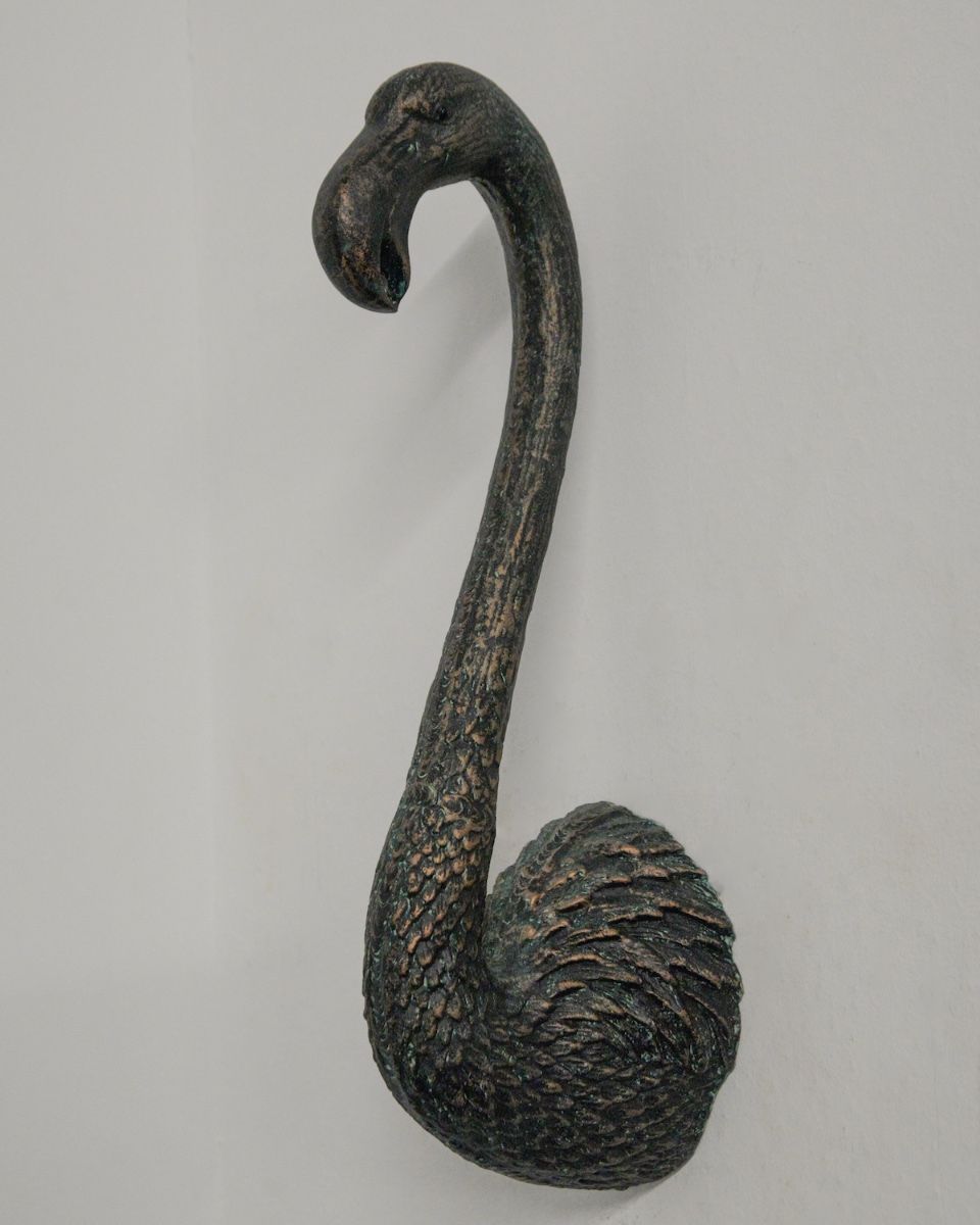 "Coral" Flamingo Wall Art in Cast aluminium - Verdigris on white wall 