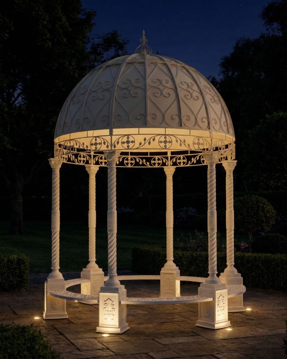 "Demeter"s Dwelling" Cream Gazebo ai illustration at night with lights