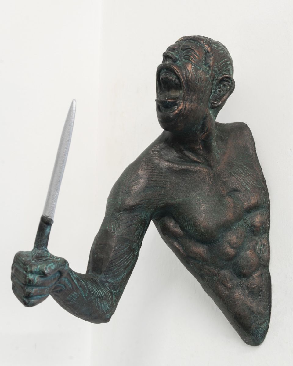 "Edge" Cast Aluminium Wall Art in Verdigris Finish angled view of sculpture