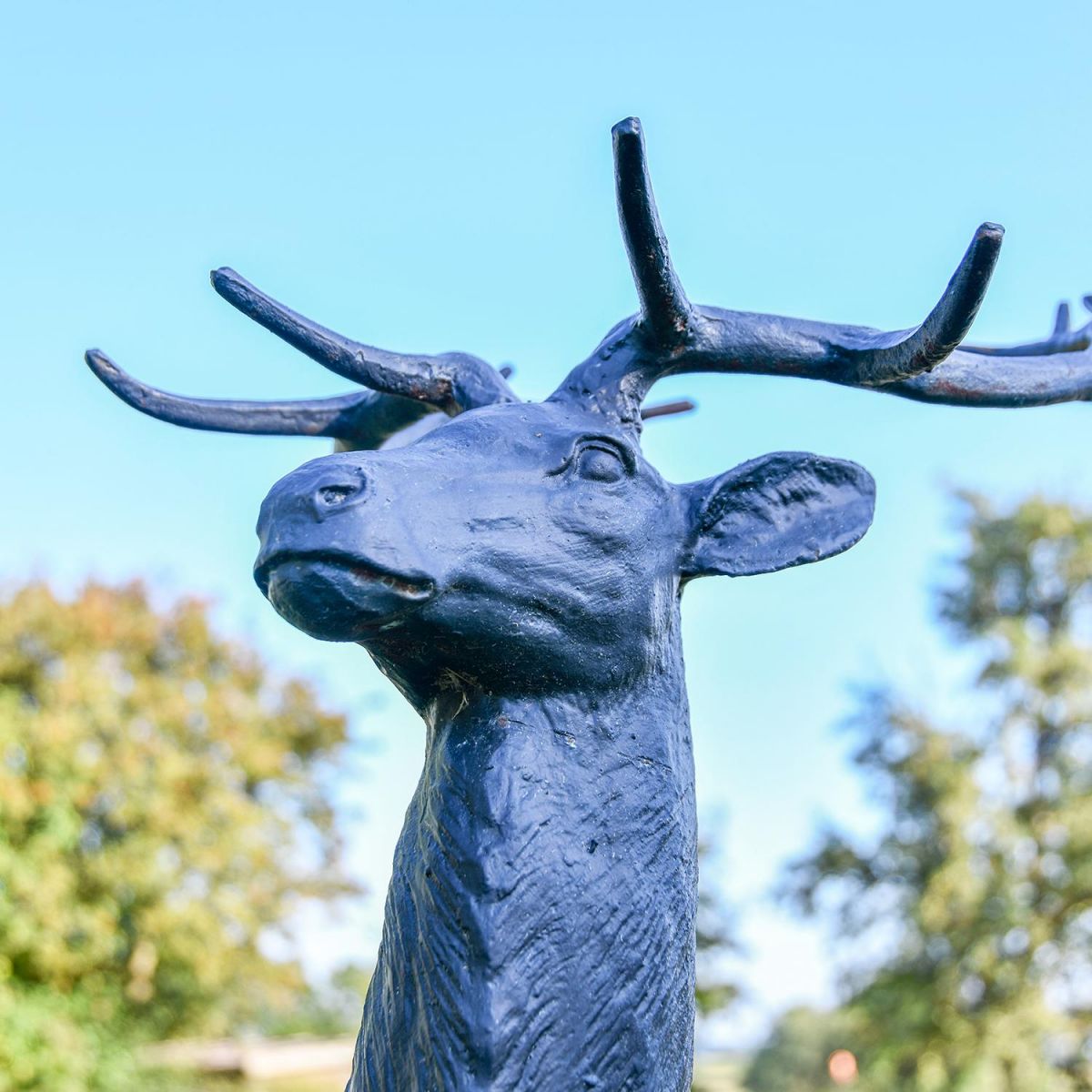 Close-up of the Face of the “Elkin” Rustic Black Cast Iron Stag Sculpture