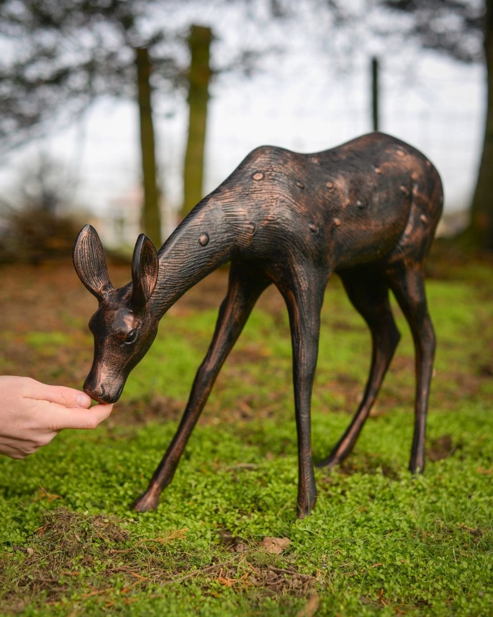 "Ember" the Cast Aluminium Grazing Doe Garden Sculpture with hand in shot for scale
