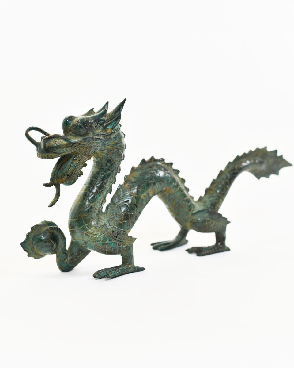 "Emerald Dynast" Dragon Sculpture in Cast Brass angled view