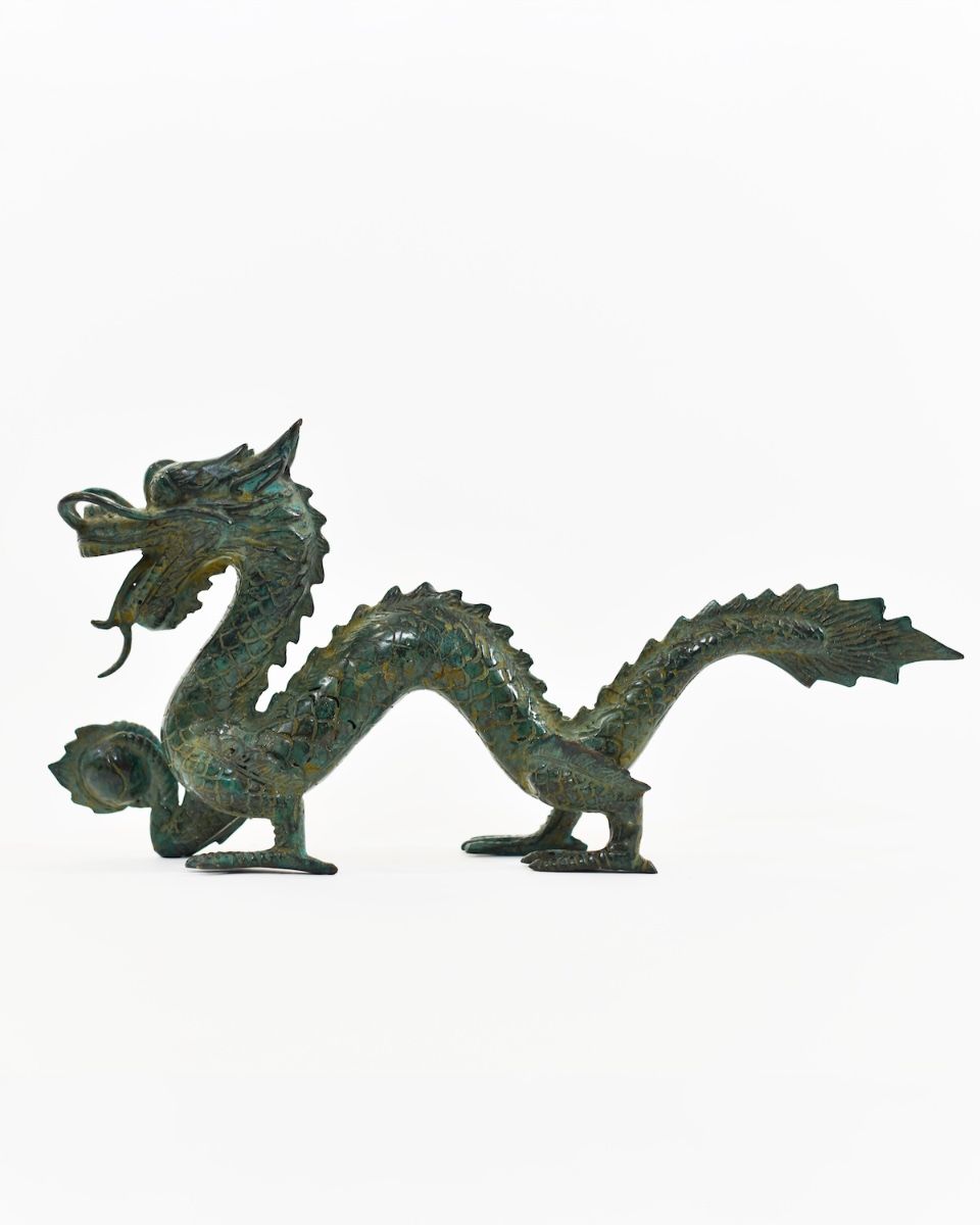 "Emerald Dynast" Dragon Sculpture in Cast Brass side view
