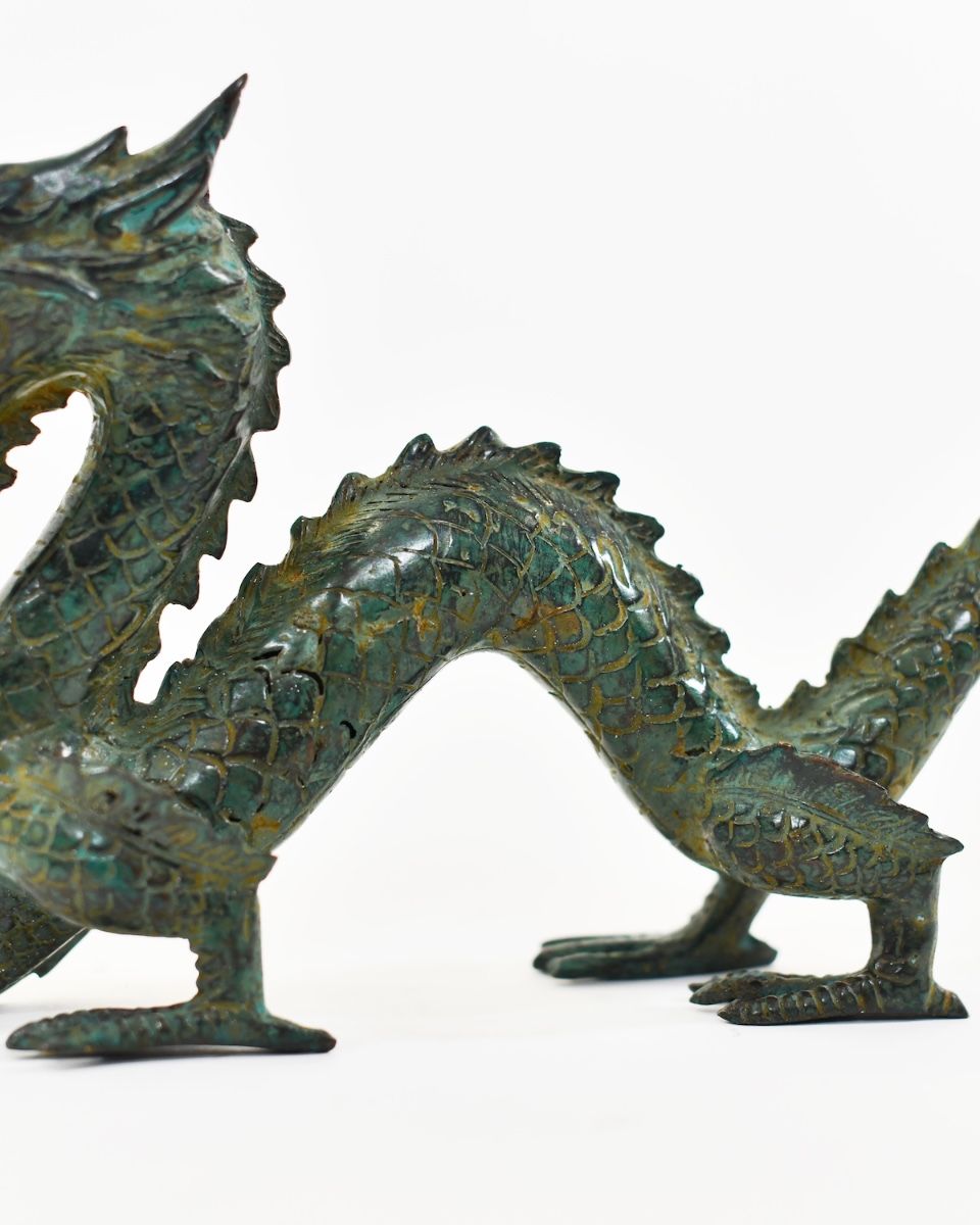 "Emerald Dynast" Dragon Sculpture in Cast Brass close up of body