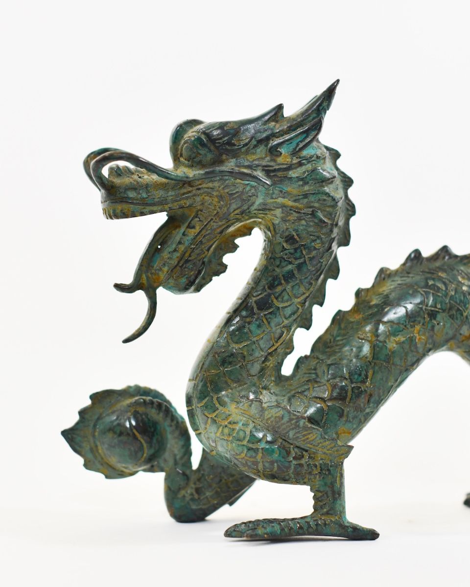 "Emerald Dynast" Dragon Sculpture in Cast Brass close up of head