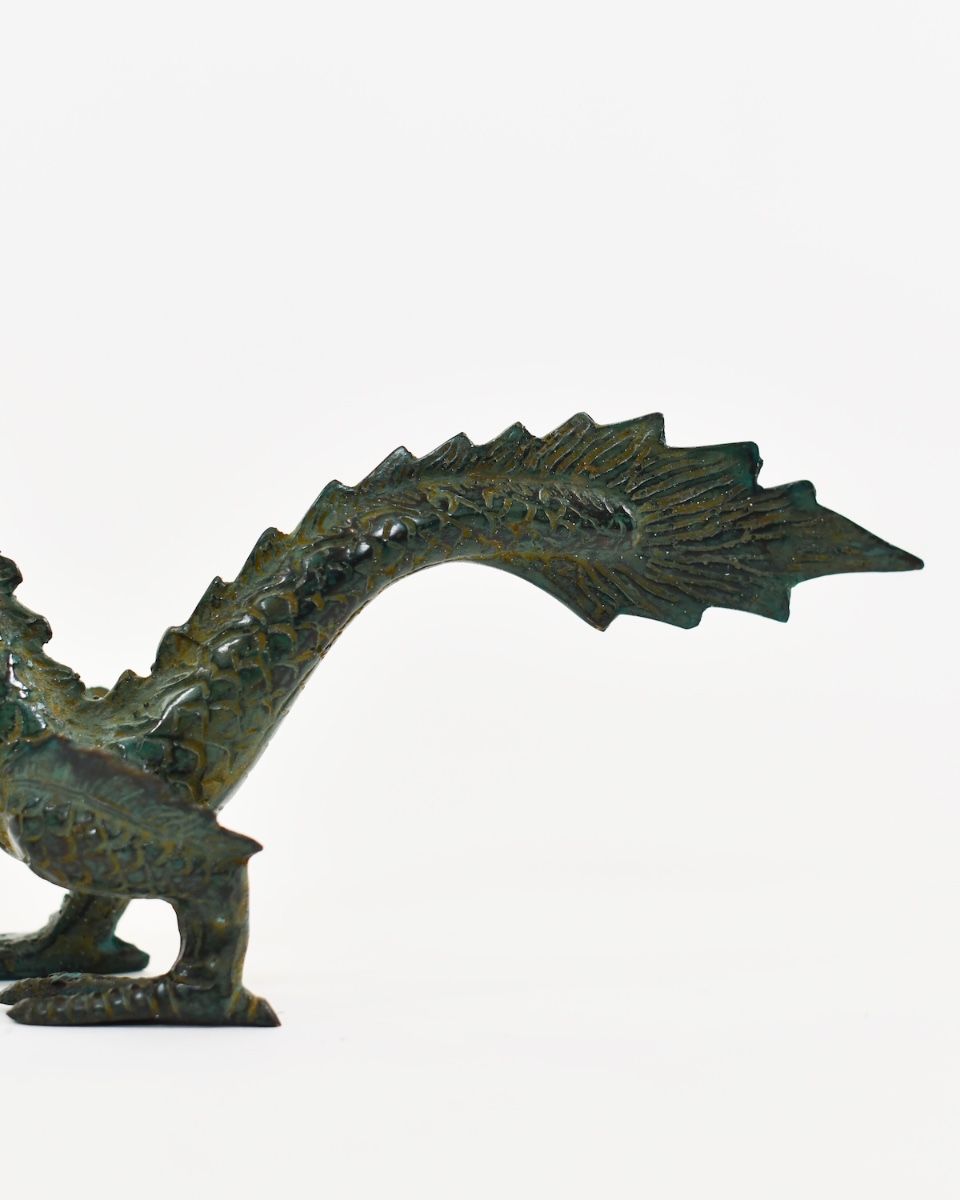 "Emerald Dynast" Dragon Sculpture in Cast Brass close up of tail