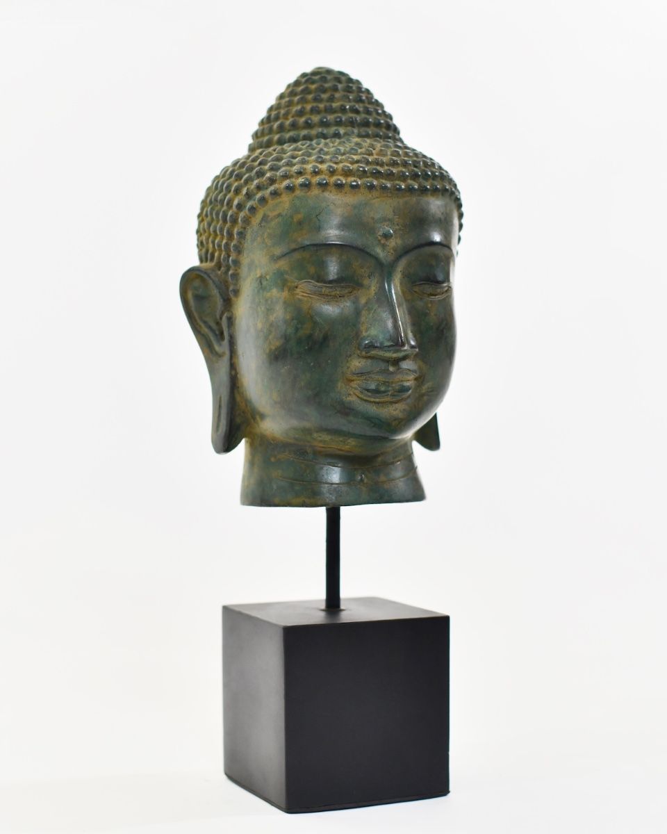 "Emerald Serenity" Buddha Head Ornament in Cast Brass - Rich Verdigris