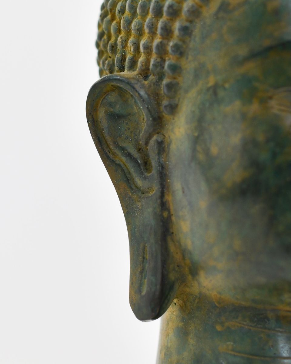 "Emerald Serenity" Buddha Head Ornament in Cast Brass - Rich Verdigris close up of ear