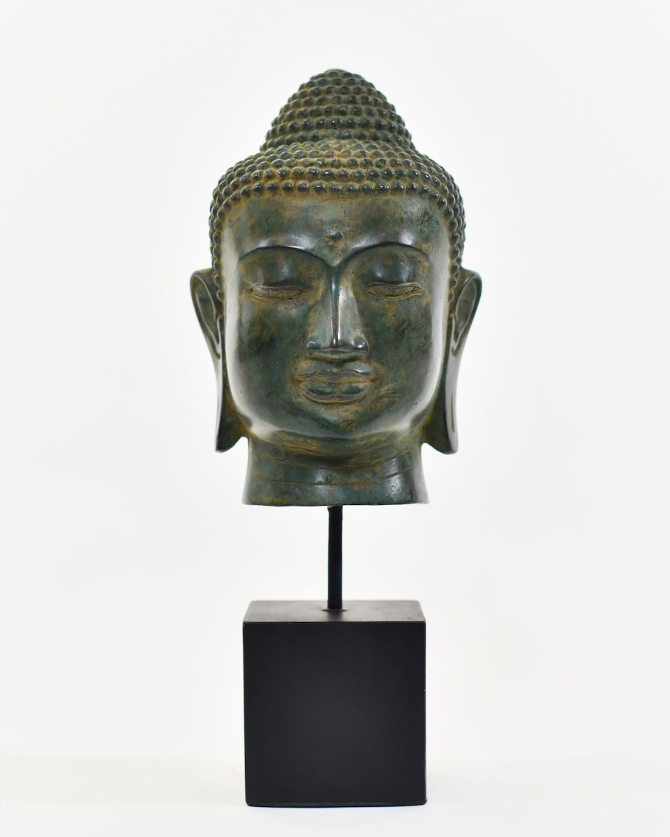 "Emerald Serenity" Buddha Head Ornament in Cast Brass - Rich Verdigris front view