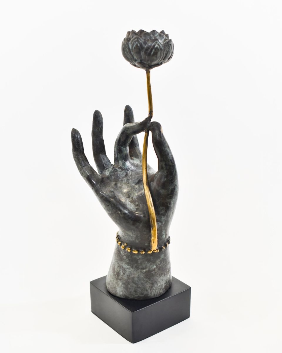 "Floral Offering" Hand Sculpture in Cast Brass view of flower and stem