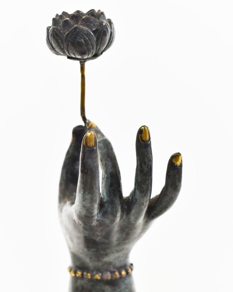 "Floral Offering" Hand Sculpture in Cast Brass close up of flower